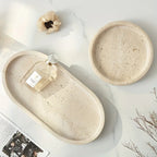 One Piece of Natural Travertine Stone Vanity Tray Designed for Bathroom Use, Perfect for Organizing Perfumes And Cosmetics. This Round Decorative Tray in Beige Is Also Suitable for Kitchen Organization And Home Decor. House Of Avana