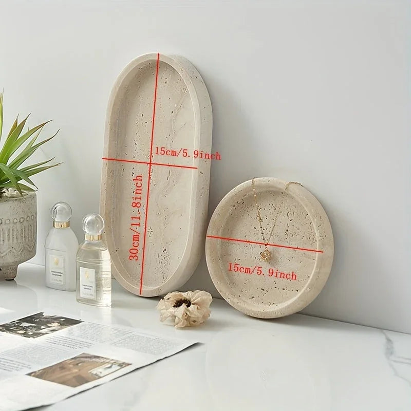 One Piece of Natural Travertine Stone Vanity Tray Designed for Bathroom Use, Perfect for Organizing Perfumes And Cosmetics. This Round Decorative Tray in Beige Is Also Suitable for Kitchen Organization And Home Decor. House Of Avana