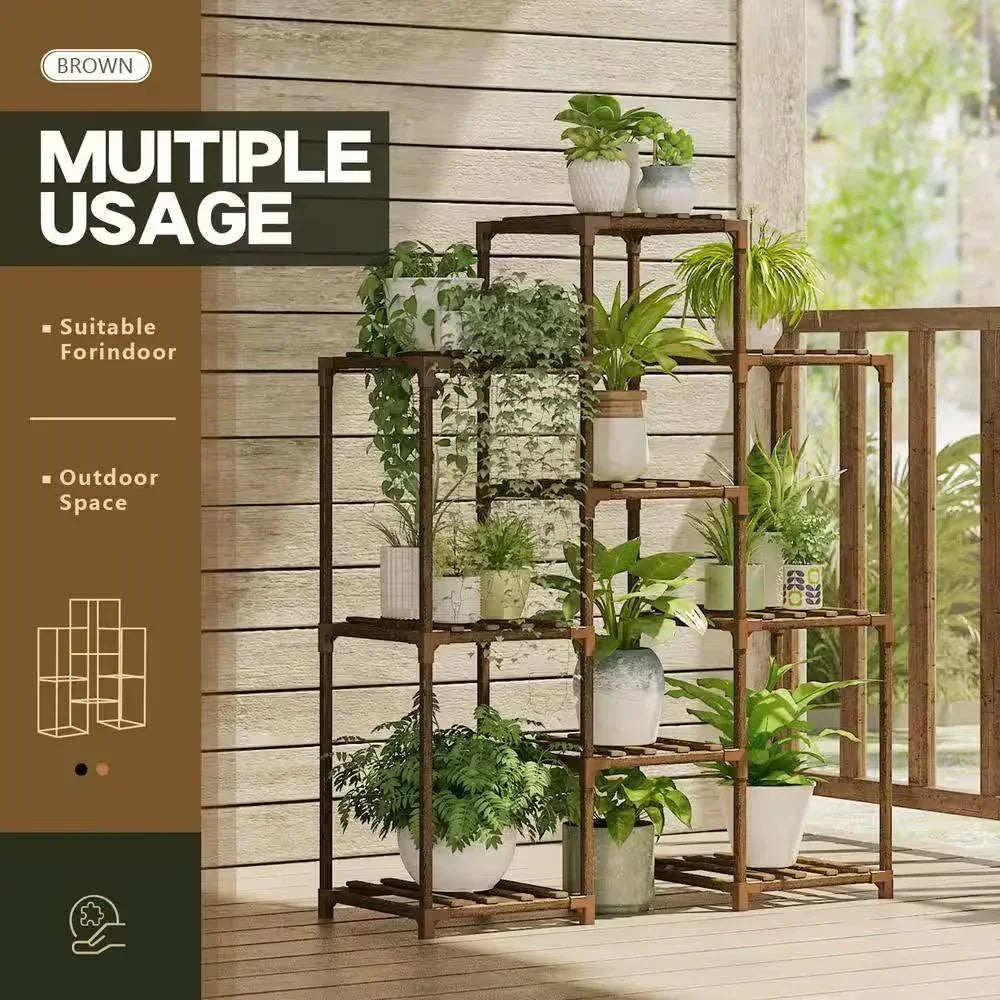 Natural Wood Bookcase Plant Stand Shelving Rack - Holds up to 9 Planters