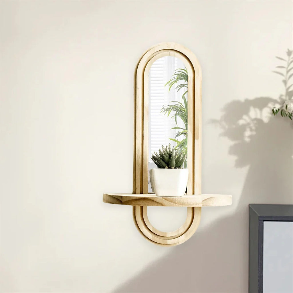 Oval wood wall mirror shelf with natural finish, decorative storage - House of Avana