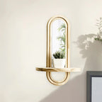 Oval wood wall mirror shelf with natural finish, decorative storage - House of Avana