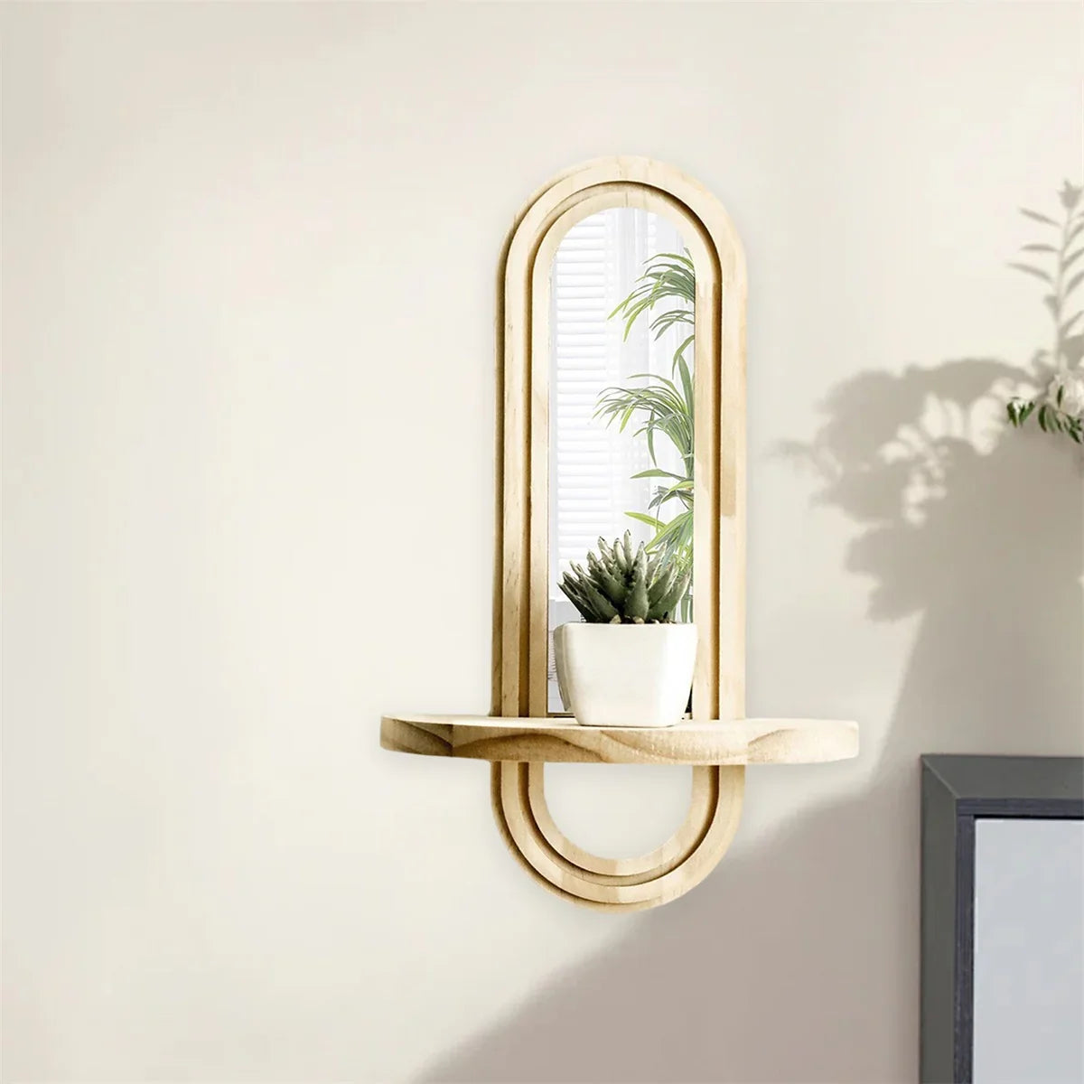 Oval wood wall mirror shelf with natural finish, decorative storage - House of Avana