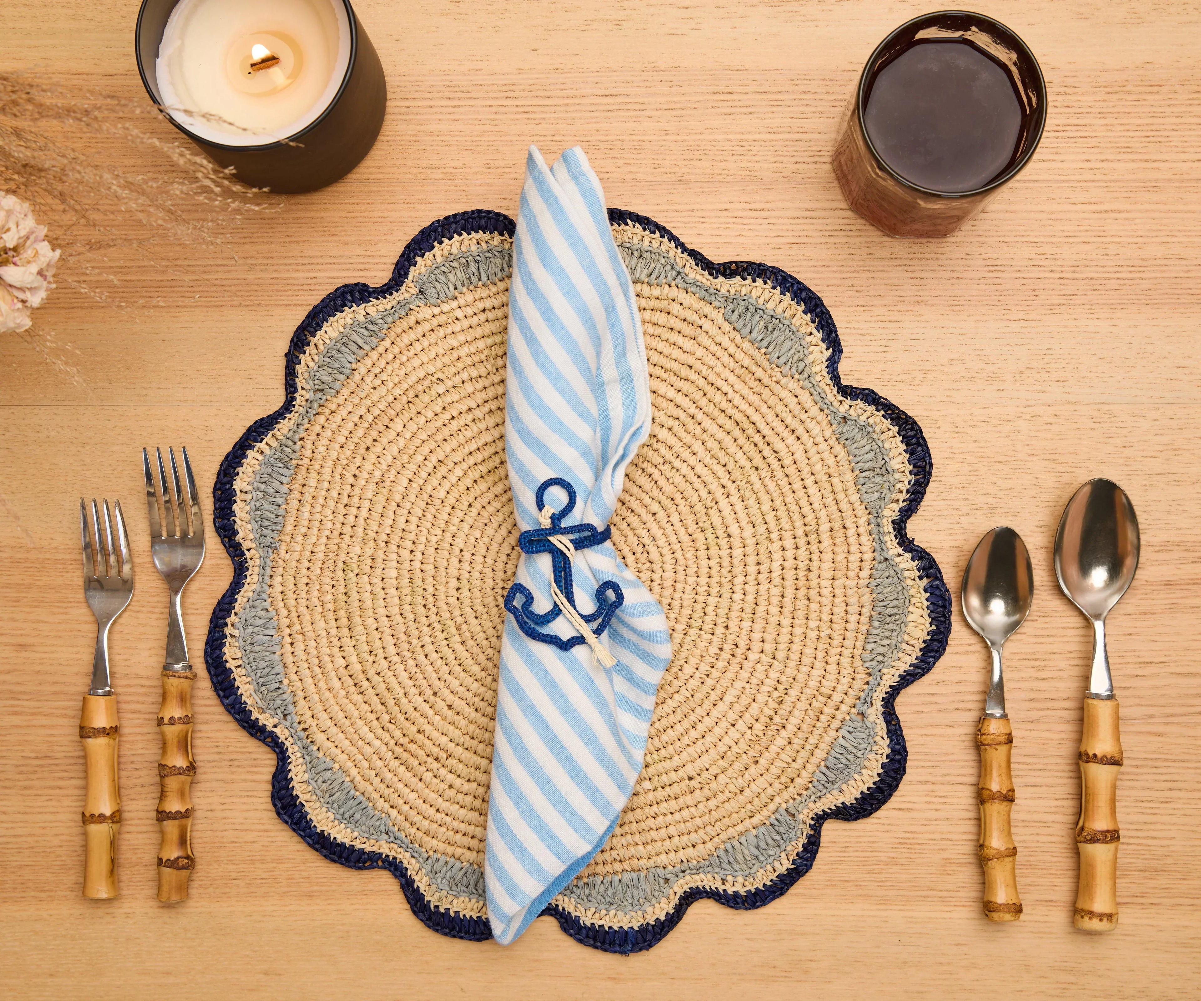Nautical Anchor Napkin Rings – Coastal Table Decor, Handmade Raffia Napkin Holders, Set of 4 Blue and White Anchor Rings, Ocean Party Decor Payton James