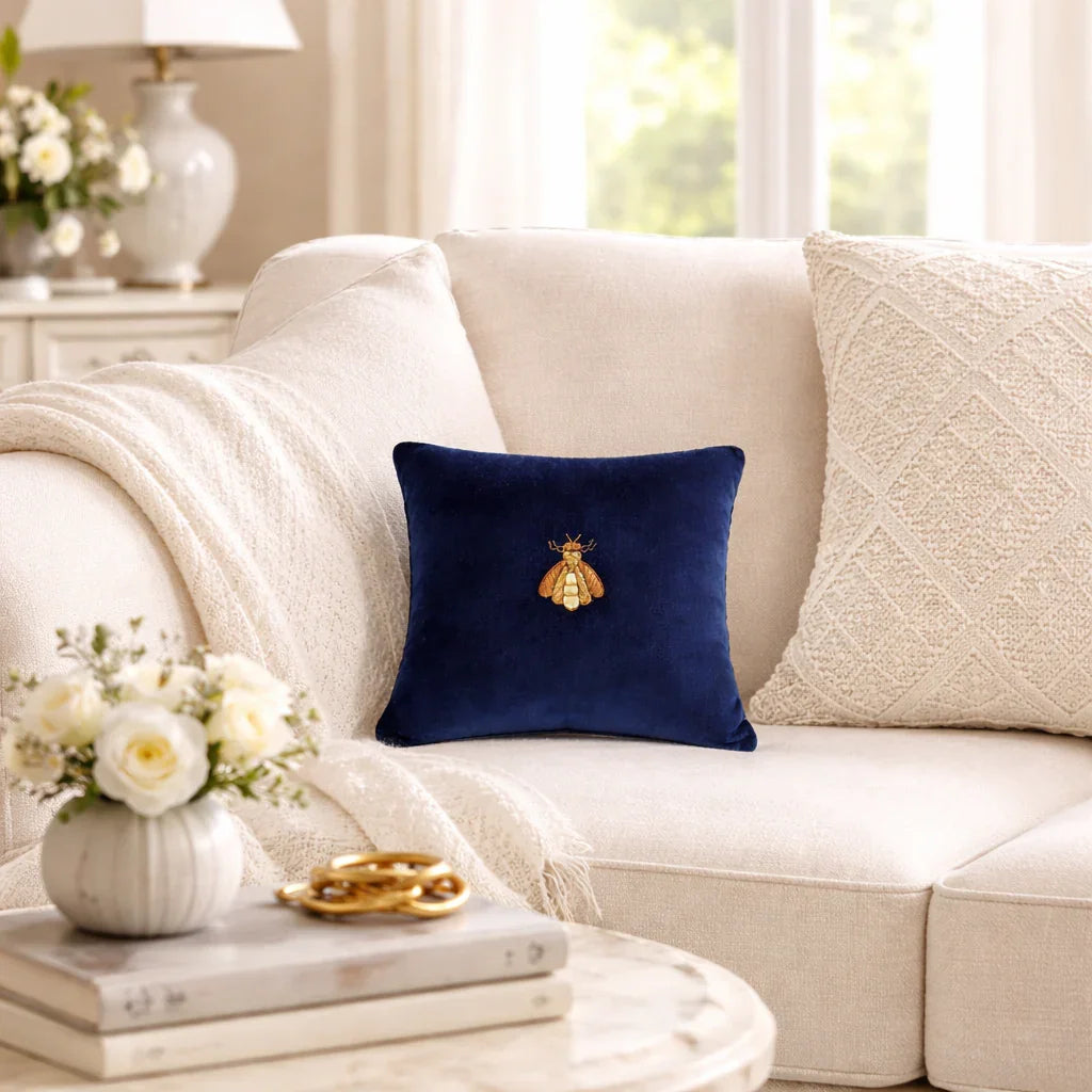 Navy Bee Silk Velvet Throw Pillow Cover 12" X 12"