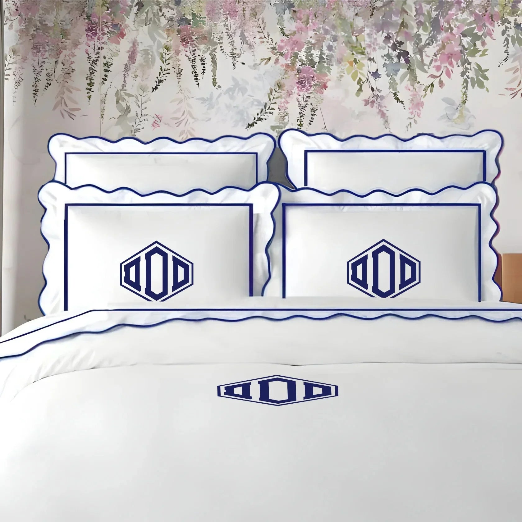 Monogram 400TC Cotton Scallop Embroidery & Border Sateen Solid Duvet Cover Set PushpLinen