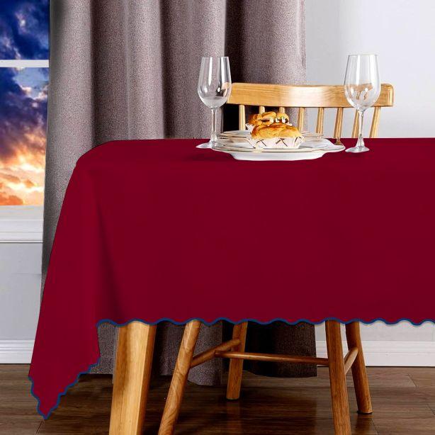 Scallop Embroidery Sateen Cotton Solid Table Cloth - Burgundy PushpLinen