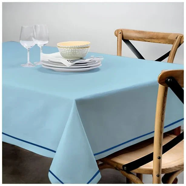 Single Embroidery Border Sateen Cotton Solid Table Cloth - Light Blue PushpLinen