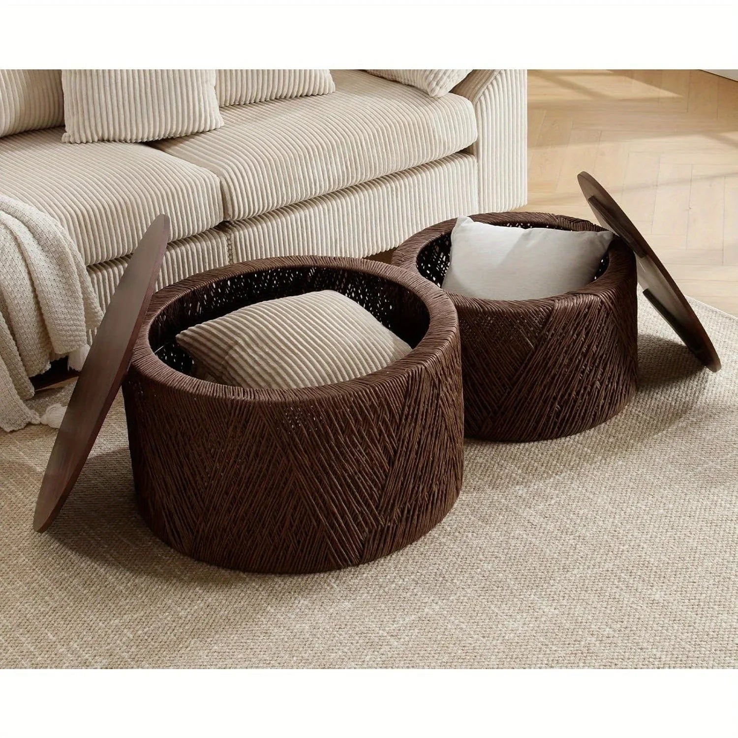 Set of 2 Nesting Coffee Table Woven Round Coffee Table with Storage Solid Wood Side Table for Small Spaces, Living Room, Bedroom, Office, Dark Brown/ Natural House Of Avana