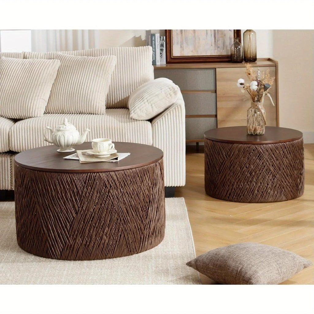Set of 2 Nesting Coffee Table Woven Round Coffee Table with Storage Solid Wood Side Table for Small Spaces, Living Room, Bedroom, Office, Dark Brown/ Natural House Of Avana