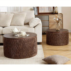 Set of 2 Nesting Coffee Table Woven Round Coffee Table with Storage Solid Wood Side Table for Small Spaces, Living Room, Bedroom, Office, Dark Brown/ Natural House Of Avana