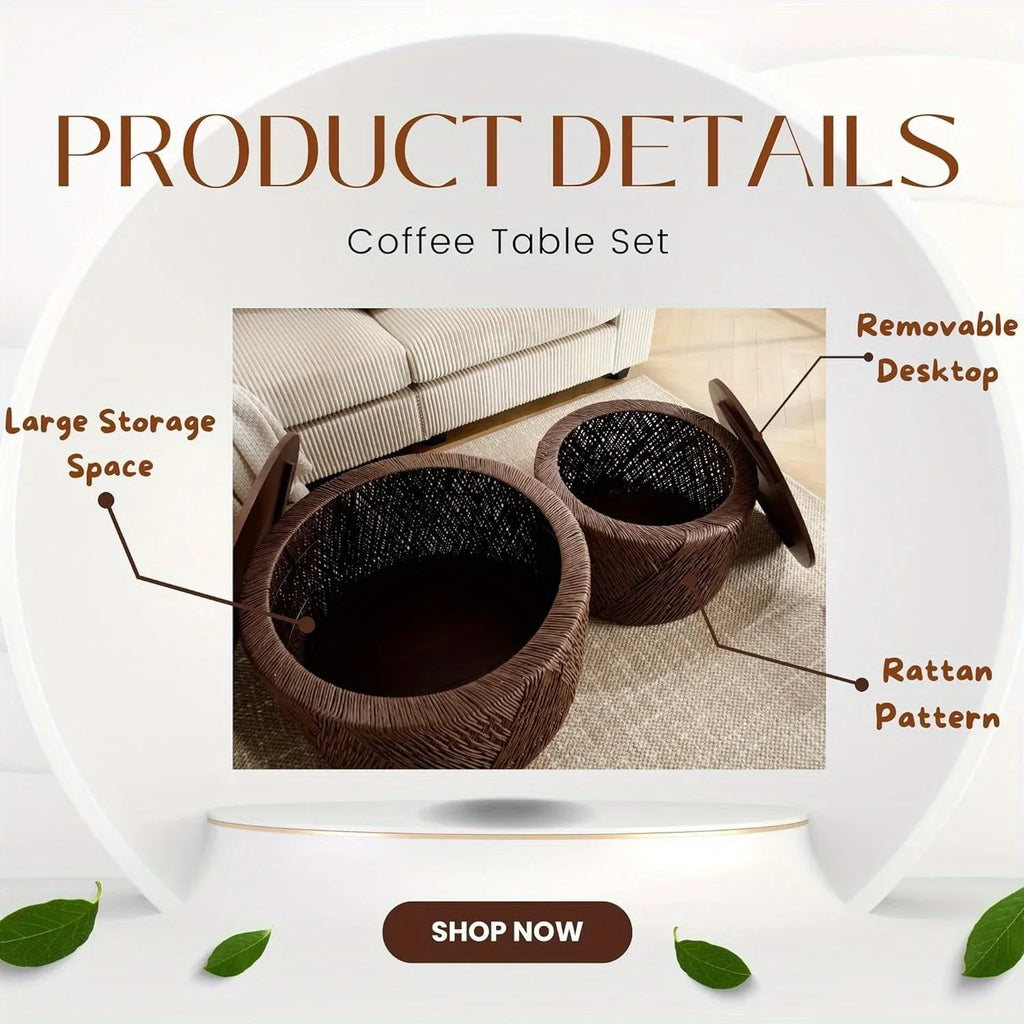 Set of 2 Nesting Coffee Table Woven Round Coffee Table with Storage Solid Wood Side Table for Small Spaces, Living Room, Bedroom, Office, Dark Brown/ Natural House Of Avana