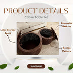 Set of 2 Nesting Coffee Table Woven Round Coffee Table with Storage Solid Wood Side Table for Small Spaces, Living Room, Bedroom, Office, Dark Brown/ Natural House Of Avana