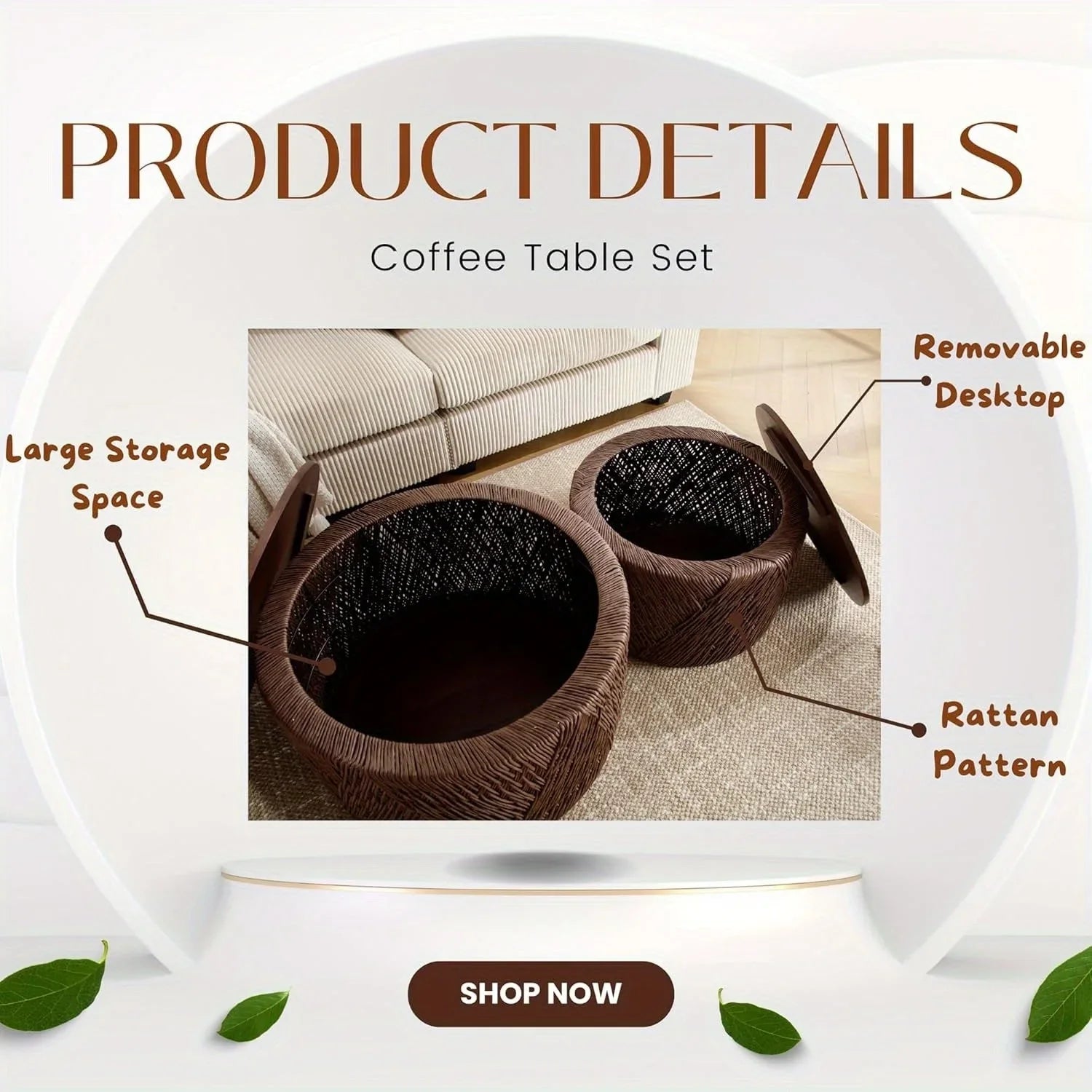 Set of 2 Nesting Coffee Table Woven Round Coffee Table with Storage Solid Wood Side Table for Small Spaces, Living Room, Bedroom, Office, Dark Brown/ Natural House Of Avana