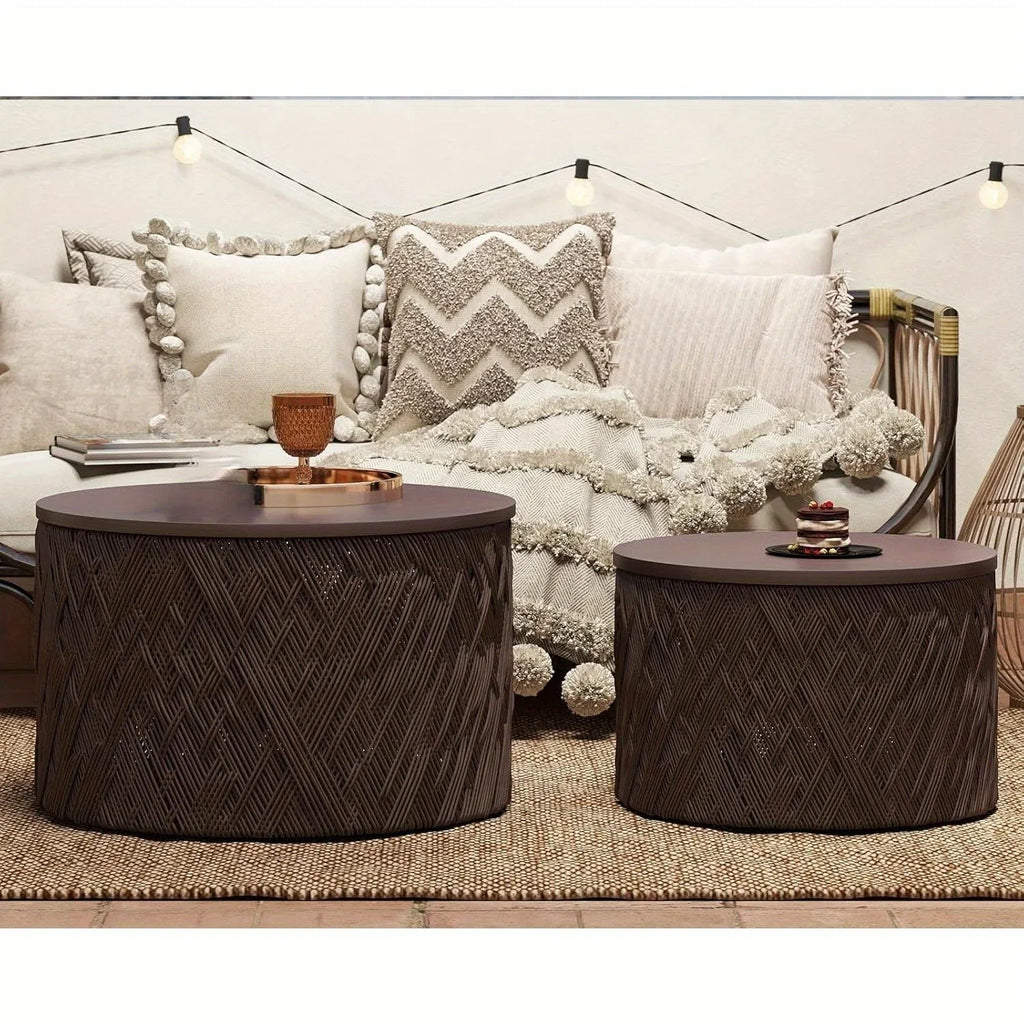 Set of 2 Nesting Coffee Table Woven Round Coffee Table with Storage Solid Wood Side Table for Small Spaces, Living Room, Bedroom, Office, Dark Brown/ Natural House Of Avana
