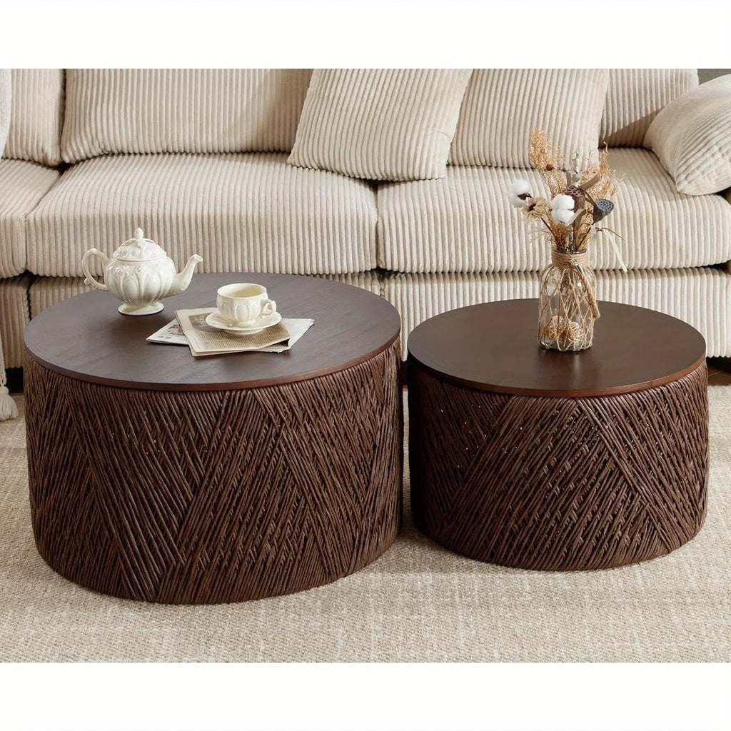 Set of 2 Nesting Coffee Table Woven Round Coffee Table with Storage Solid Wood Side Table for Small Spaces, Living Room, Bedroom, Office, Dark Brown/ Natural House Of Avana