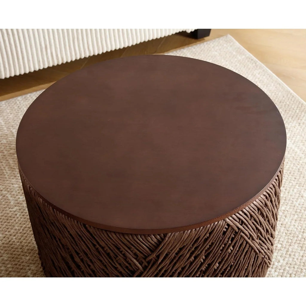 Set of 2 Nesting Coffee Table Woven Round Coffee Table with Storage Solid Wood Side Table for Small Spaces, Living Room, Bedroom, Office, Dark Brown/ Natural House Of Avana