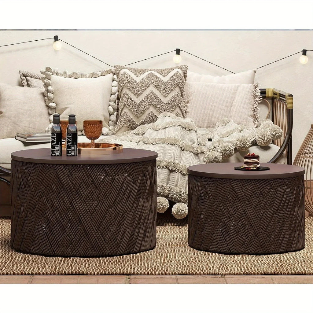 Set of 2 Nesting Coffee Table Woven Round Coffee Table with Storage Solid Wood Side Table for Small Spaces, Living Room, Bedroom, Office, Dark Brown/ Natural House Of Avana