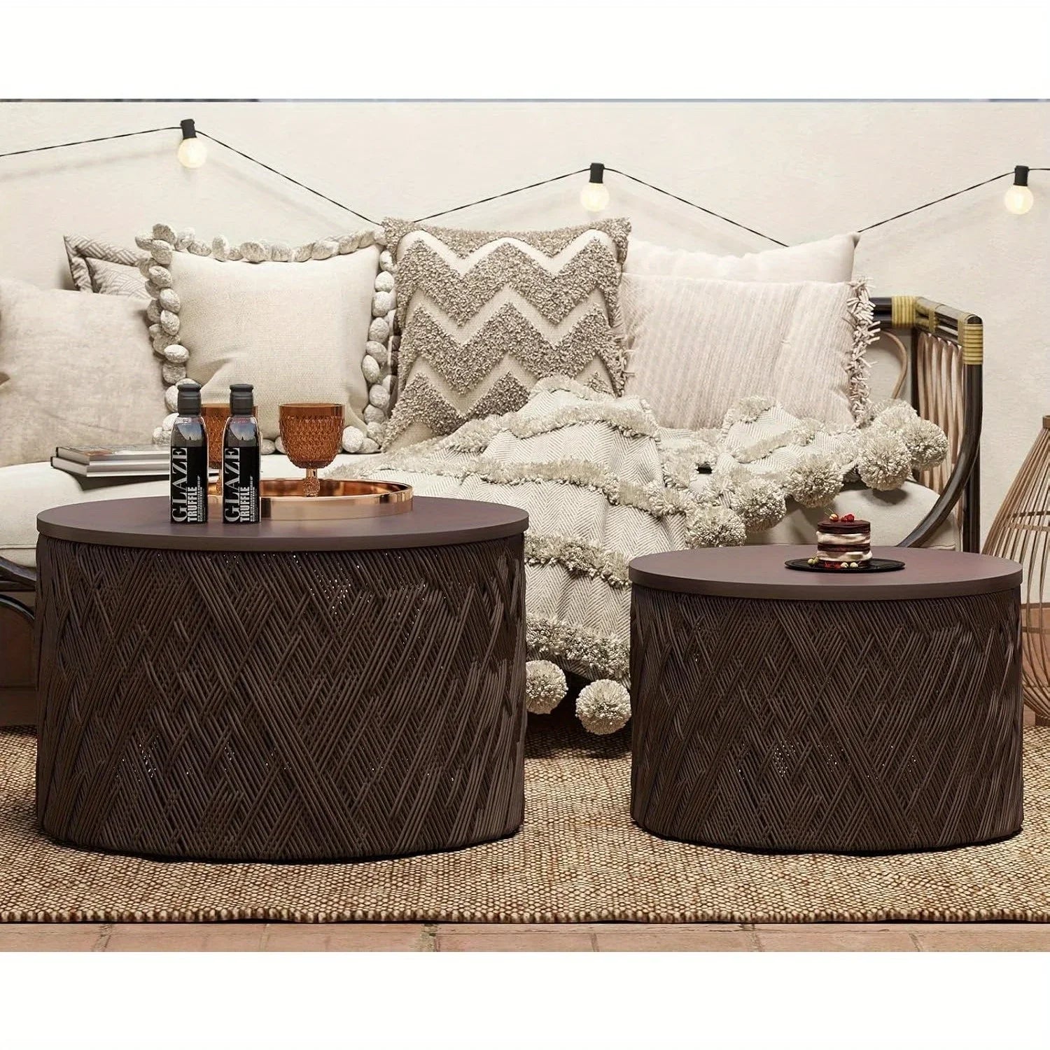 Set of 2 Nesting Coffee Table Woven Round Coffee Table with Storage Solid Wood Side Table for Small Spaces, Living Room, Bedroom, Office, Dark Brown/ Natural House Of Avana