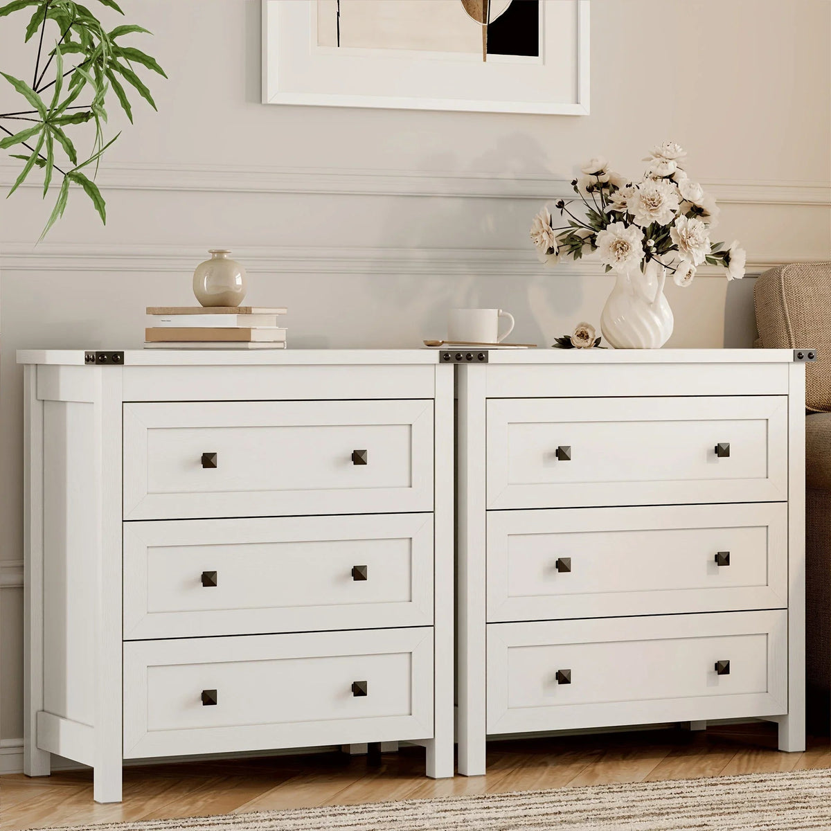 [Farmhouse 3-Drawer Nightstand] Farmhouse Style 3-Drawer Dresser Nightstand | White Engineered Wood Bedside Table with Stain-Resistant Finish, Compact 27" Height for Bedroom, Hallway & Entryway Storage, Sleek Design, Sturdy C House Of Avana [[SKU:HOA-END-402]]