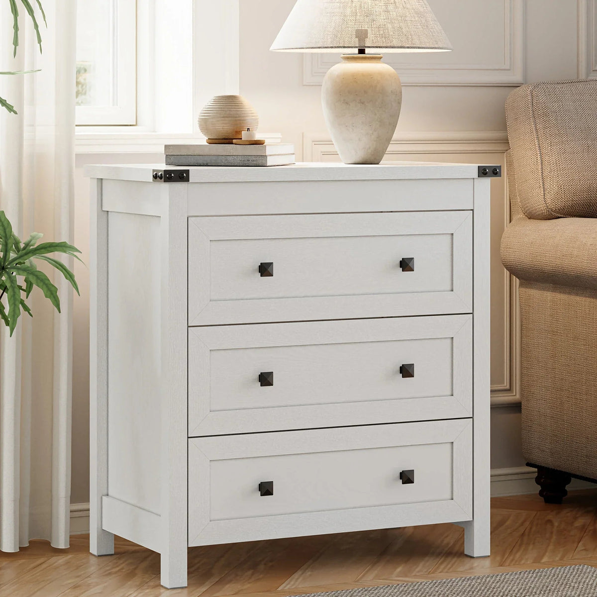 [Farmhouse 3-Drawer Nightstand] Farmhouse Style 3-Drawer Dresser Nightstand | White Engineered Wood Bedside Table with Stain-Resistant Finish, Compact 27" Height for Bedroom, Hallway & Entryway Storage, Sleek Design, Sturdy C House Of Avana [[SKU:HOA-END-402]]