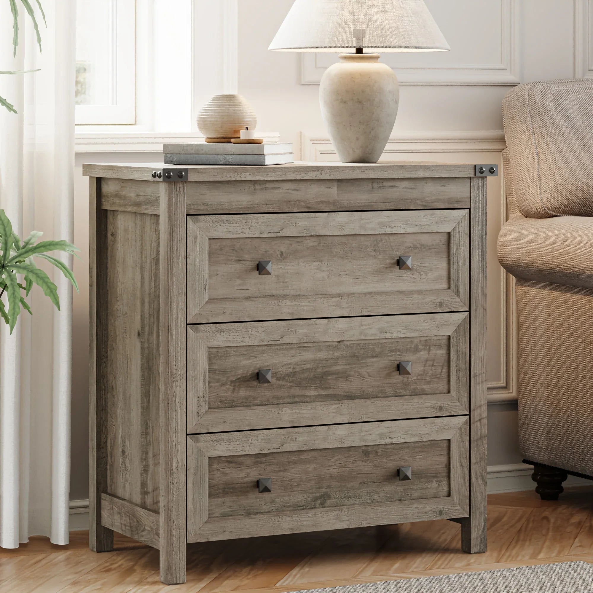 [Farmhouse 3-Drawer Nightstand] Farmhouse Style 3-Drawer Dresser Nightstand | White Engineered Wood Bedside Table with Stain-Resistant Finish, Compact 27" Height for Bedroom, Hallway & Entryway Storage, Sleek Design, Sturdy C House Of Avana