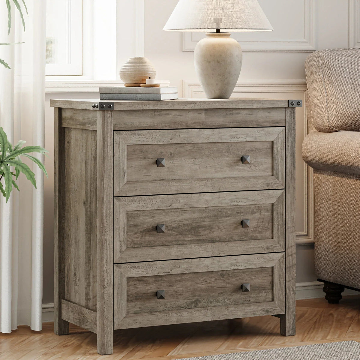 [Farmhouse 3-Drawer Nightstand] Farmhouse Style 3-Drawer Dresser Nightstand | White Engineered Wood Bedside Table with Stain-Resistant Finish, Compact 27" Height for Bedroom, Hallway & Entryway Storage, Sleek Design, Sturdy C House Of Avana [[SKU:HOA-END-402]]
