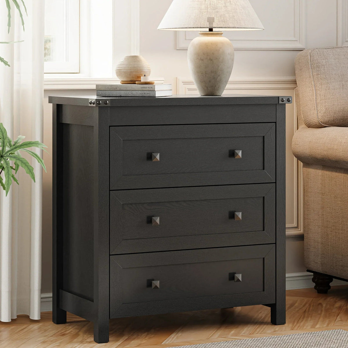 [Farmhouse 3-Drawer Nightstand] Farmhouse Style 3-Drawer Dresser Nightstand | White Engineered Wood Bedside Table with Stain-Resistant Finish, Compact 27" Height for Bedroom, Hallway & Entryway Storage, Sleek Design, Sturdy C House Of Avana [[SKU:HOA-END-402]]