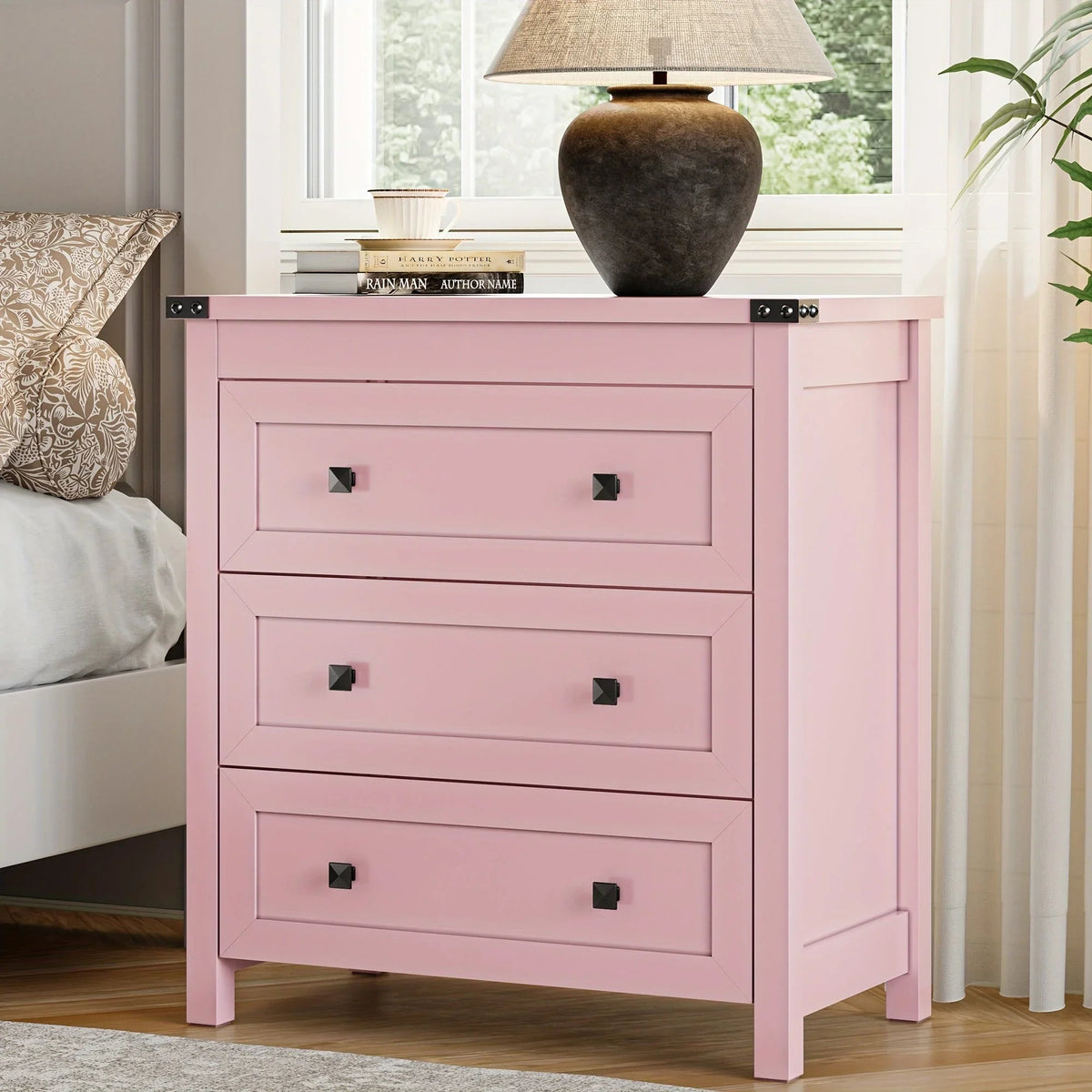 [Farmhouse 3-Drawer Nightstand] Farmhouse Style 3-Drawer Dresser Nightstand | White Engineered Wood Bedside Table with Stain-Resistant Finish, Compact 27" Height for Bedroom, Hallway & Entryway Storage, Sleek Design, Sturdy C House Of Avana [[SKU:HOA-END-402-A]]