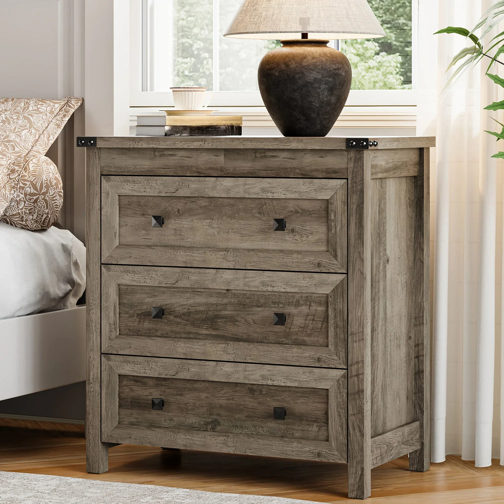 [Farmhouse 3-Drawer Nightstand] Farmhouse Style 3-Drawer Dresser Nightstand | White Engineered Wood Bedside Table with Stain-Resistant Finish, Compact 27" Height for Bedroom, Hallway & Entryway Storage, Sleek Design, Sturdy C House Of Avana