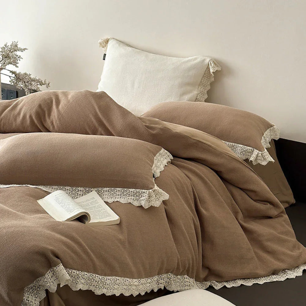 Nora Lace Double Gauze Ruffle Bedding Set / Brown Ever Lasting