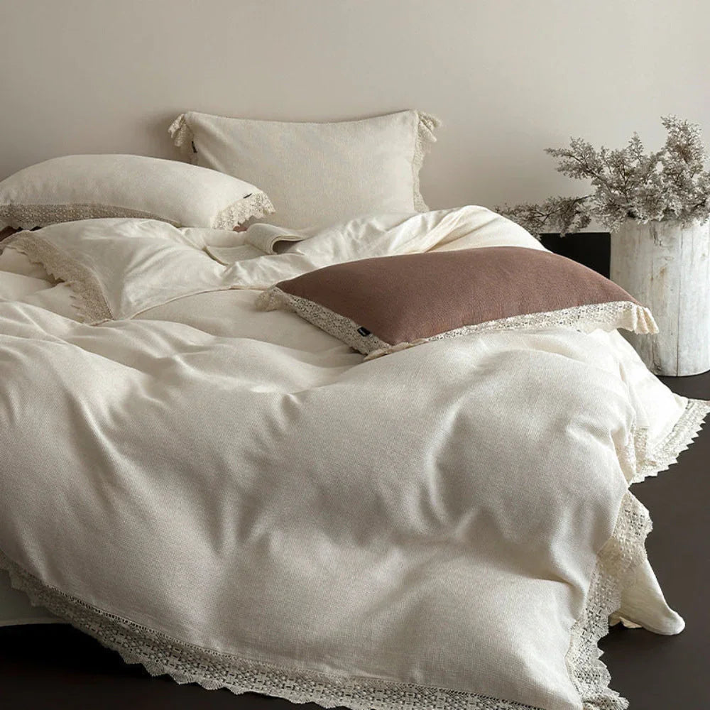 Nora Lace Double Gauze Ruffle Bedding Set / Brown Ever Lasting