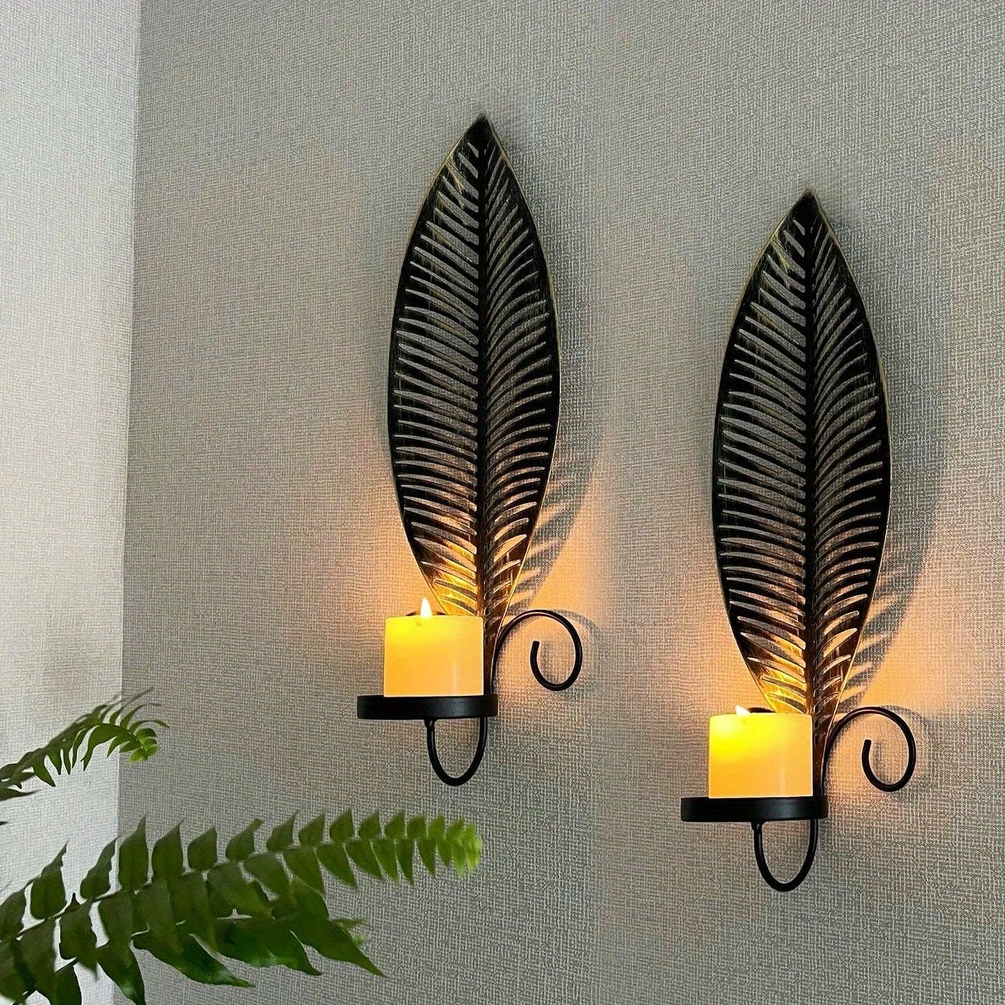 Iron leaf candle holder, metal wall decoration with hanging tray - House of Avana