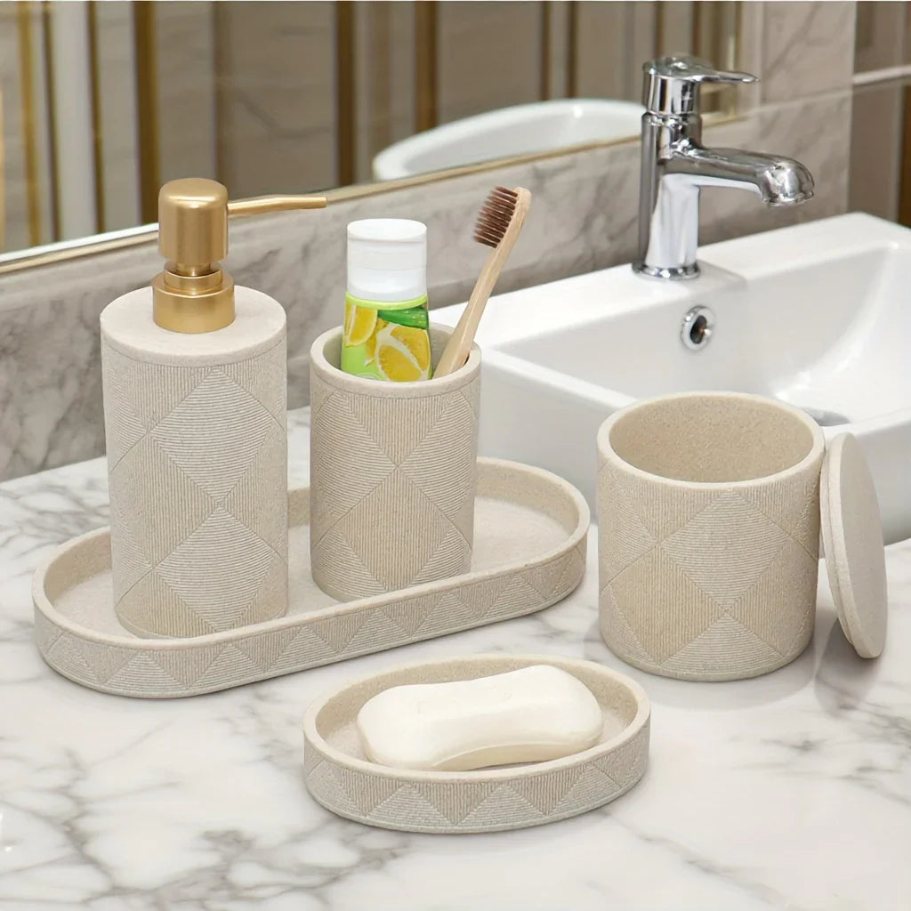 Nordic Modern Beige Bathroom Set - Complete Shower & Sink Organizer Kit with Toothbrush Holder, Soap Dispenser-Compatible Tray, Durable Beige Storage Compartments for Countertop - Minimalist Scandinavian Style (No Assembly Re House Of Avana
