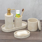 Nordic Modern Beige Bathroom Set - Complete Shower & Sink Organizer Kit with Toothbrush Holder, Soap Dispenser-Compatible Tray, Durable Beige Storage Compartments for Countertop - Minimalist Scandinavian Style (No Assembly Re House Of Avana