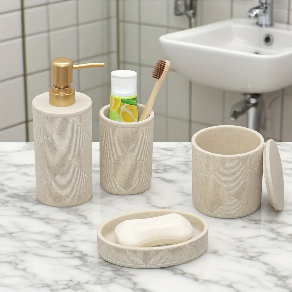 Nordic Modern Beige Bathroom Set - Complete Shower & Sink Organizer Kit with Toothbrush Holder, Soap Dispenser-Compatible Tray, Durable Beige Storage Compartments for Countertop - Minimalist Scandinavian Style (No Assembly Re House Of Avana