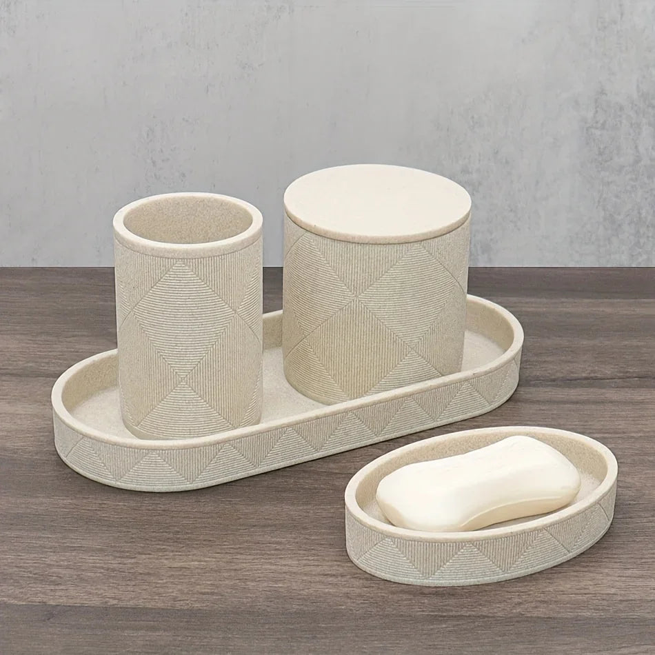 Nordic Modern Beige Bathroom Set - Complete Shower & Sink Organizer Kit with Toothbrush Holder, Soap Dispenser-Compatible Tray, Durable Beige Storage Compartments for Countertop - Minimalist Scandinavian Style (No Assembly Re House Of Avana