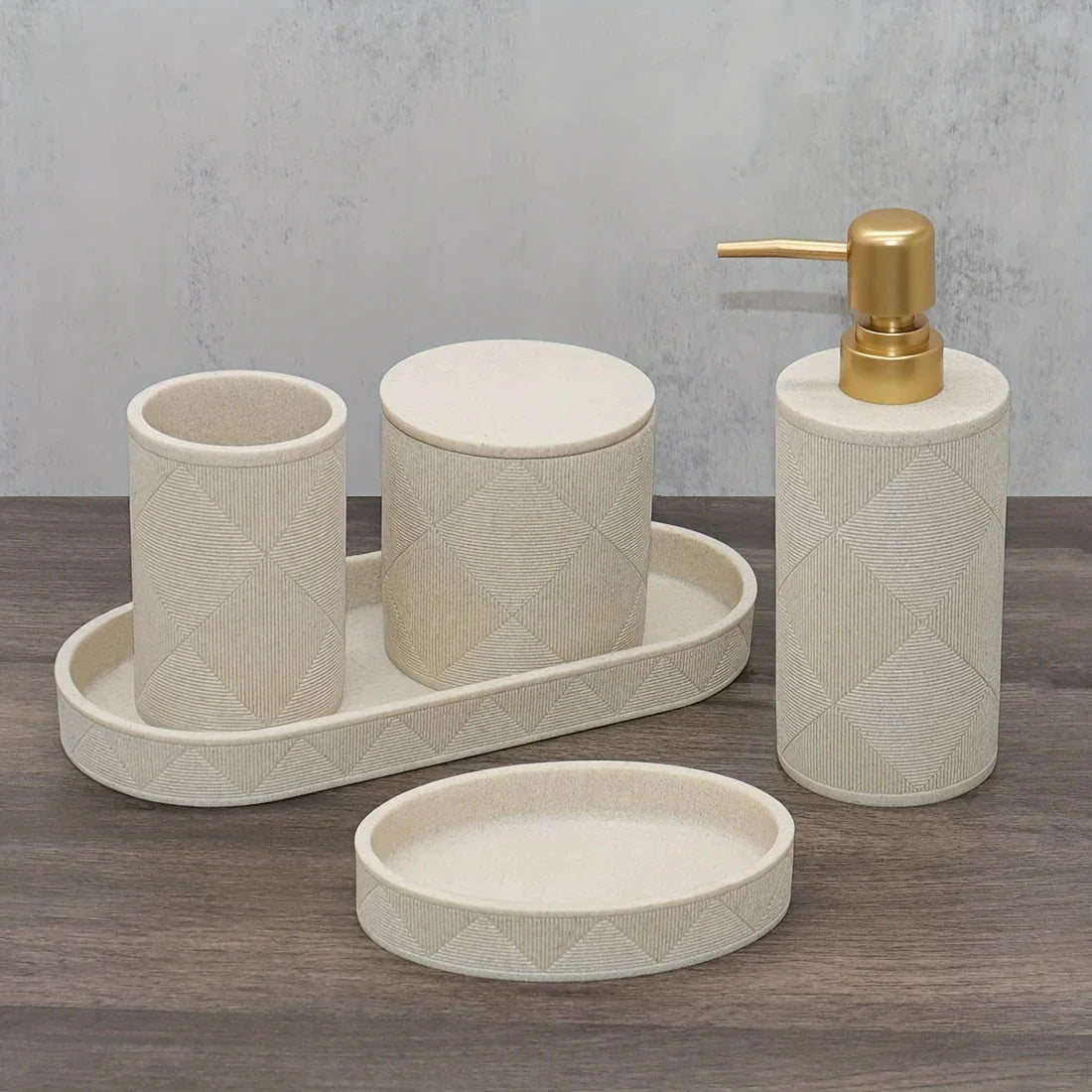 Nordic Modern Beige Bathroom Set - Complete Shower & Sink Organizer Kit with Toothbrush Holder, Soap Dispenser-Compatible Tray, Durable Beige Storage Compartments for Countertop - Minimalist Scandinavian Style (No Assembly Re House Of Avana