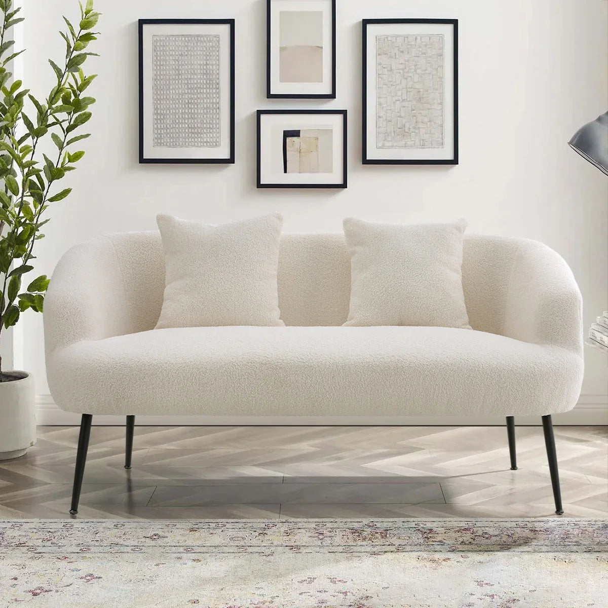 White 2-seater sofa with throw pillows and armrests, upholstered fabric - House of Avana