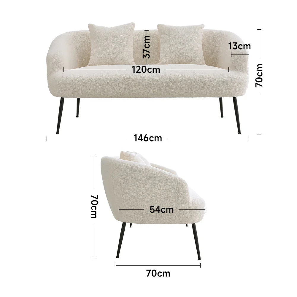 White 2-seater sofa with throw pillows and armrests, upholstered fabric - House of Avana