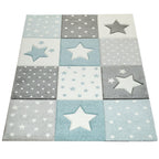 Nursery Rug Cosmo Checkered with Stars in Pastel Blue White RugYourHome