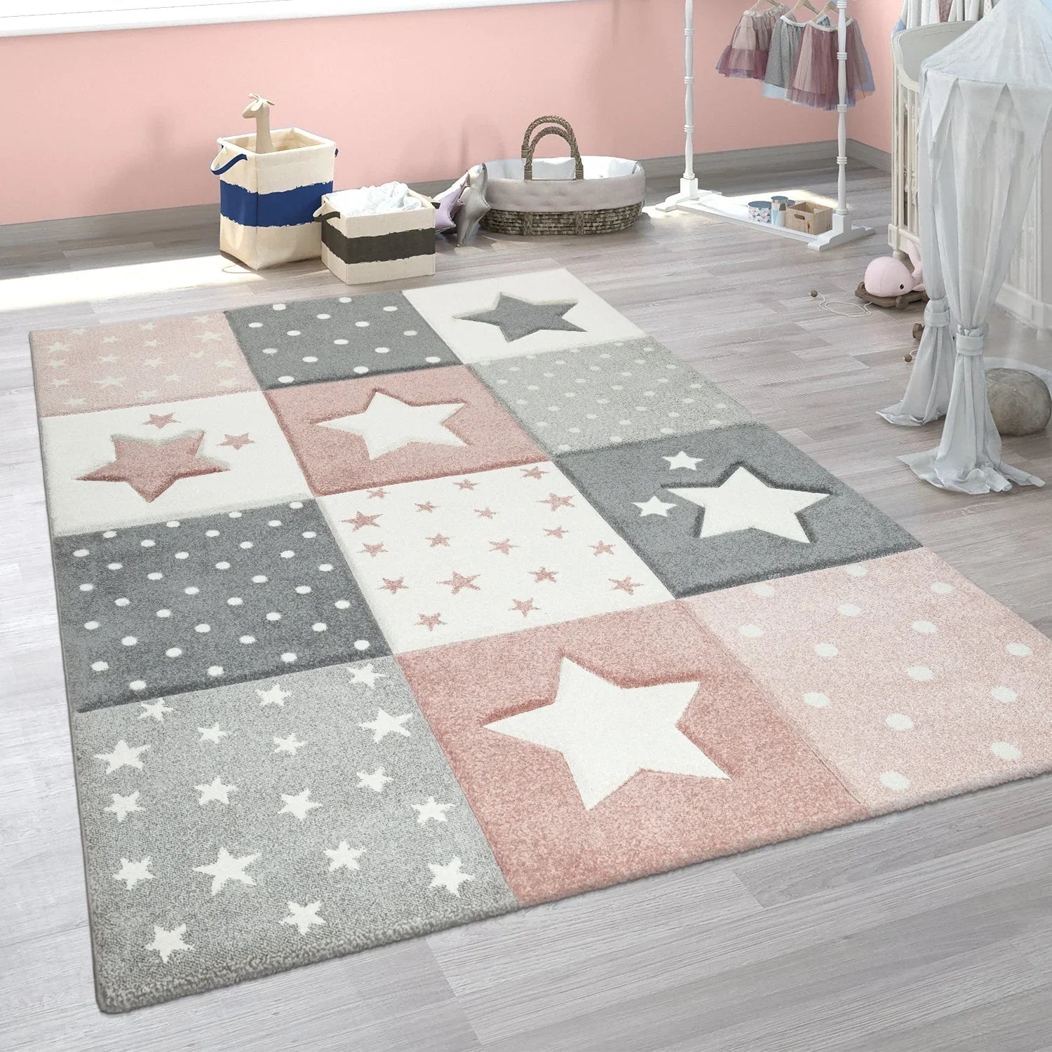 Nursery Rug Cosmo Checkered with Stars in Pastel Pink White RugYourHome