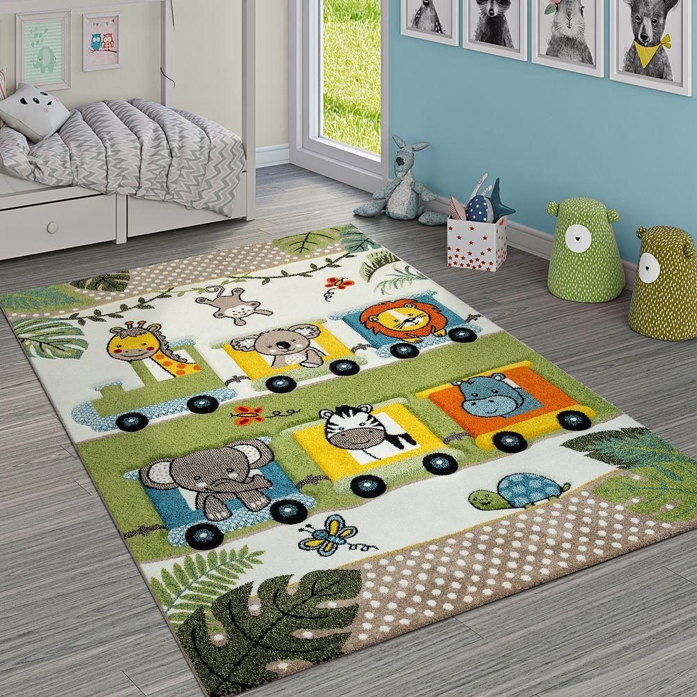 Nursery Rug Lilo Cute Animals on a Train Ride - Green Cream RugYourHome