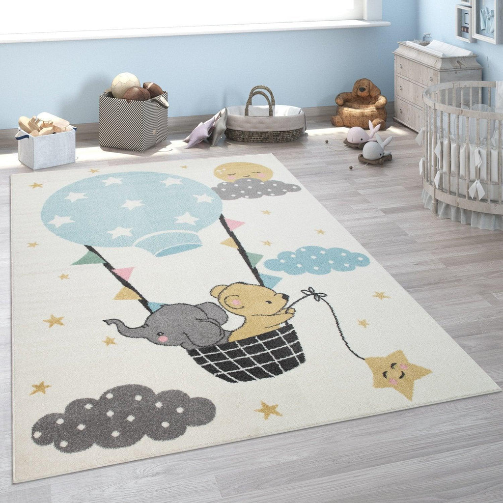 Nursery Rug for Kids, Elephant & Bear in Balloon in Cream, front view - House Of Avana