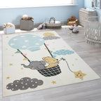 Nursery Rug for Kids, Elephant & Bear in Balloon in Cream, front view - House Of Avana