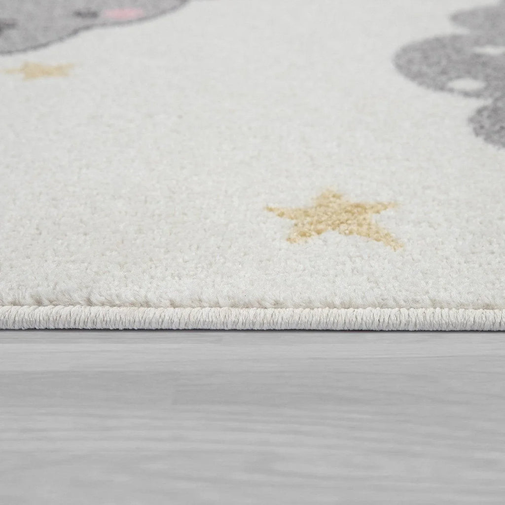 Nursery Rug for Kids, Elephant & Bear in Balloon in Cream, back view - House Of Avana