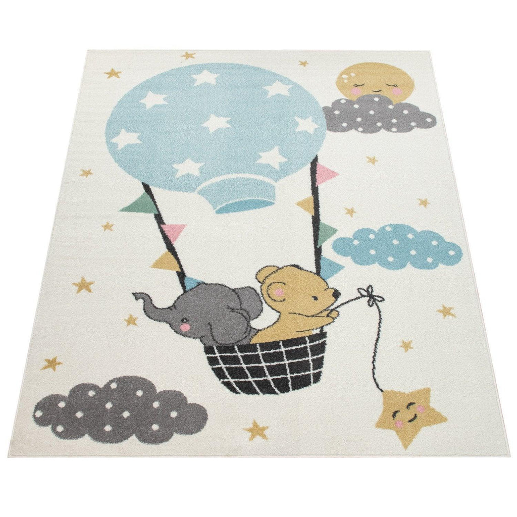 Nursery Rug for Kids, Elephant & Bear in Balloon in Cream, lifestyle image - House Of Avana