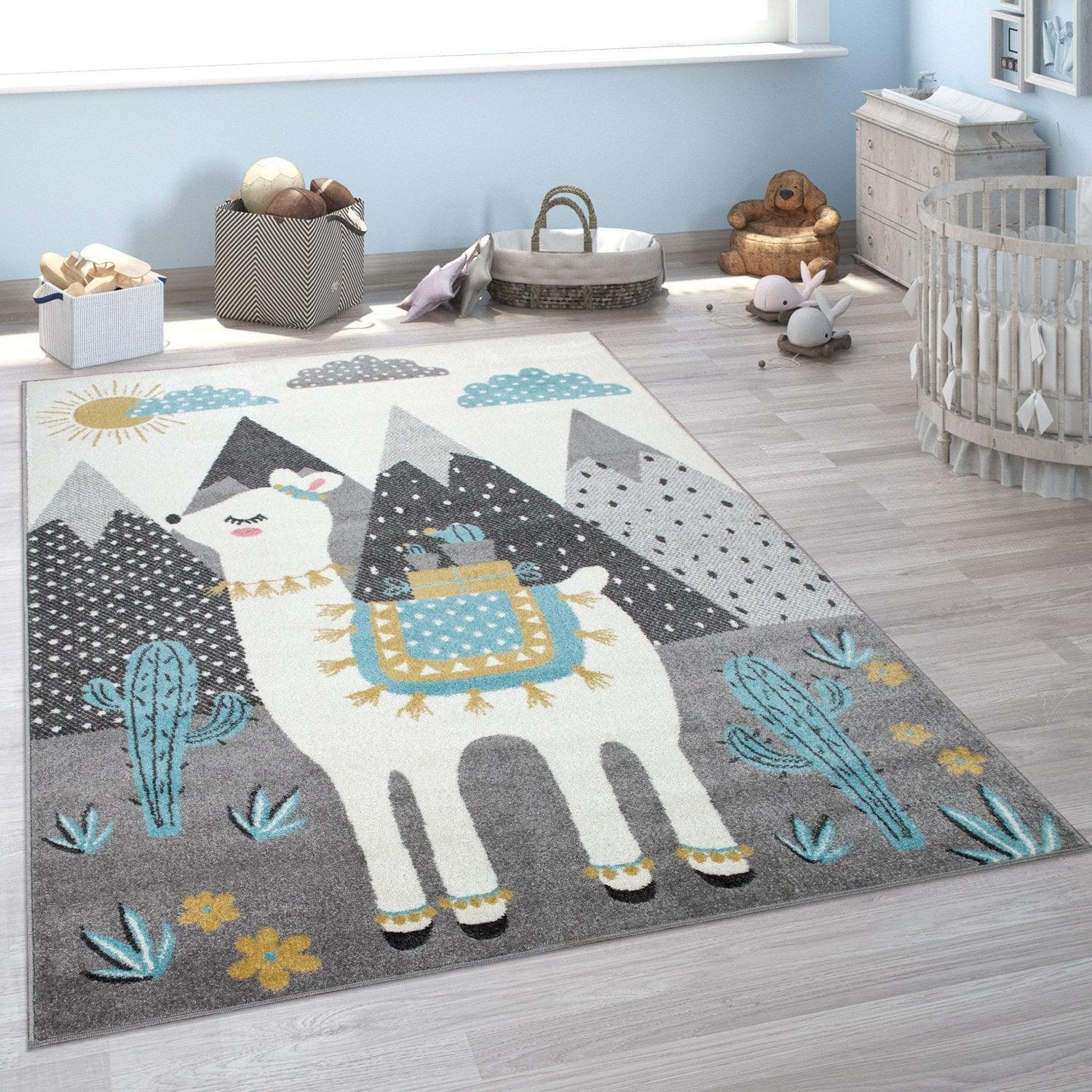 Nursery Rug For Kids Llama, Mountains in Grey Blue Cream RugYourHome