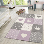 Nursery Rug Kids Checked Dots Hearts Crowns in Pastel Purple Grey RugYourHome