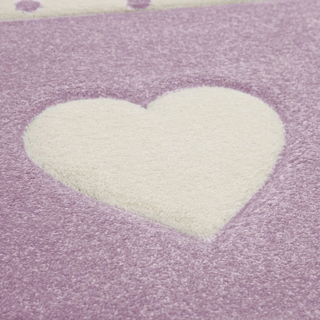 Nursery Rug Kids Checked Dots Hearts Crowns in Pastel Purple Grey RugYourHome