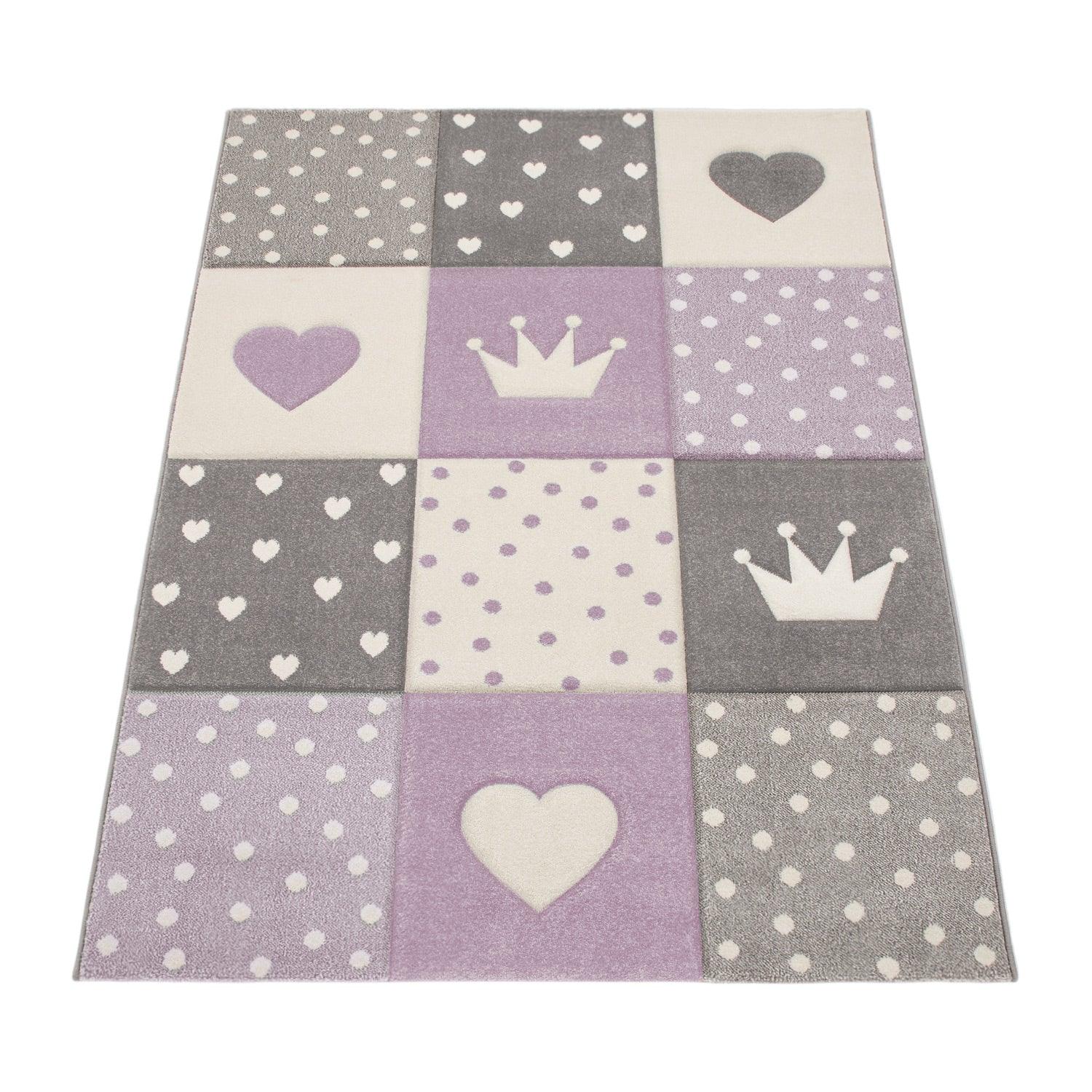 Nursery Rug Kids Checked Dots Hearts Crowns in Pastel Purple Grey RugYourHome